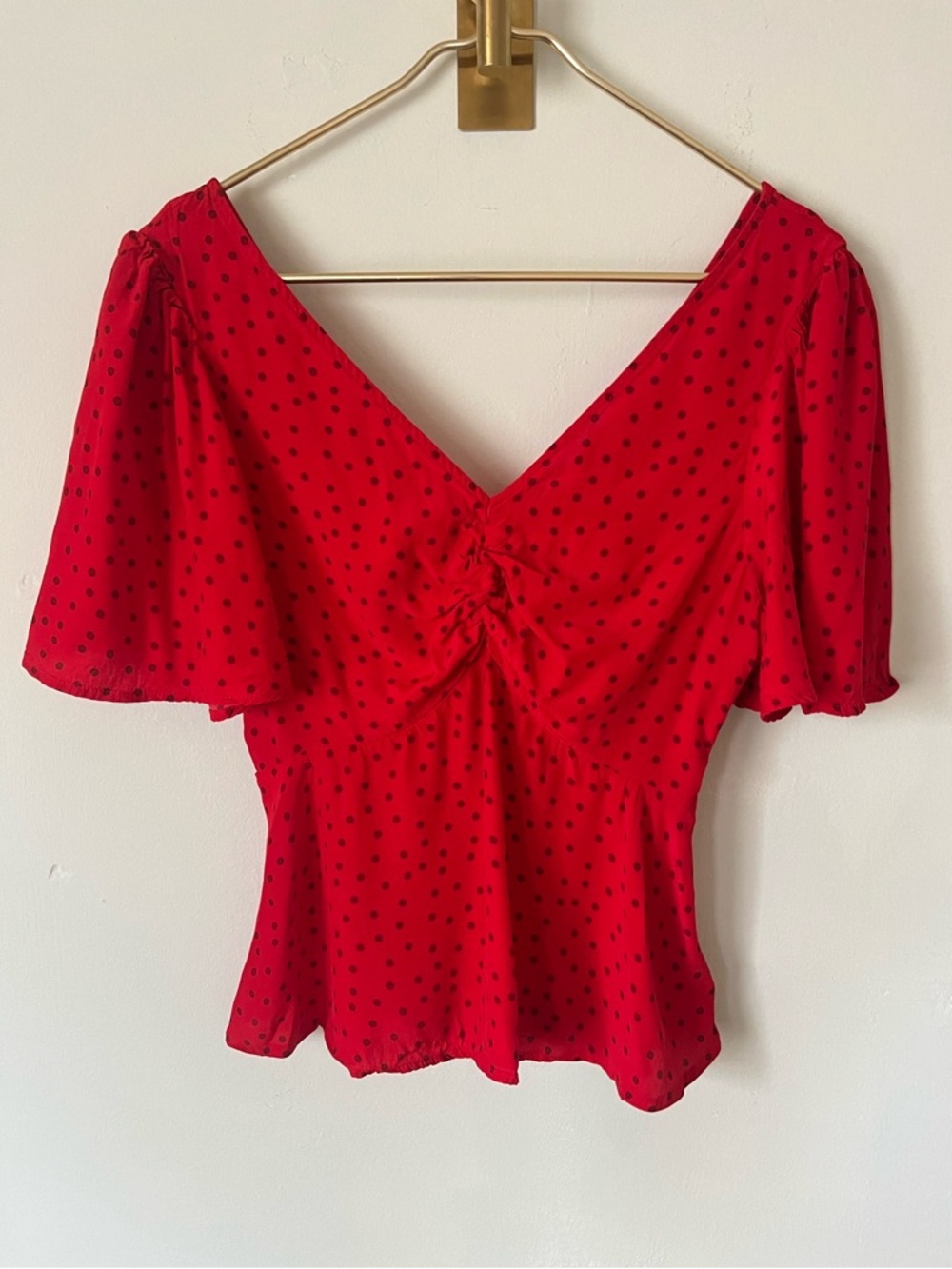 a new day romantic cottage vibrant Red and Black Polka Dot Blouse XS - Picture 2 of 12